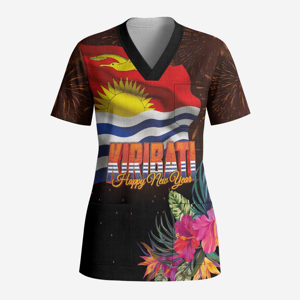 Kiribati Flag and Fireworks Scrub Top First Place Welcome the New Year - Polynesian Pride
