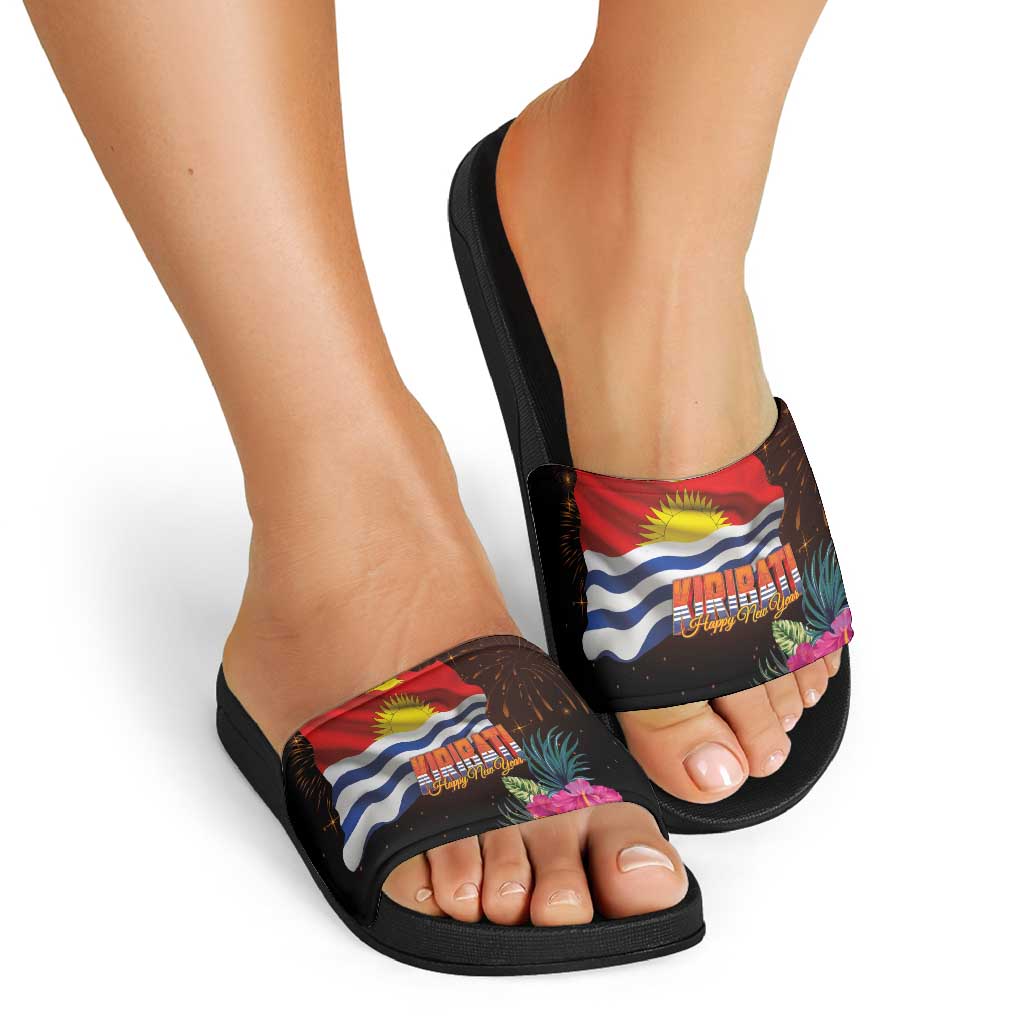 Kiribati Flag and Fireworks Slide Sandals First Place Welcome the New Year - Polynesian Pride