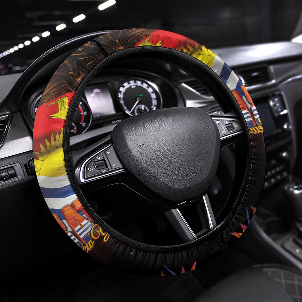Kiribati Flag and Fireworks Steering Wheel Cover First Place Welcome the New Year LT03 Universal Fit Black - Polynesian Pride