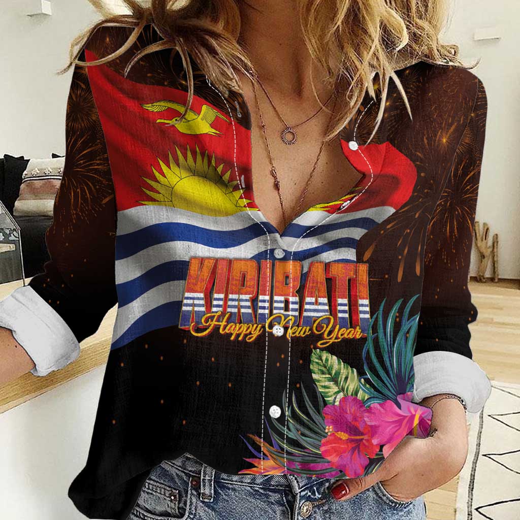 Kiribati Flag and Fireworks Women Casual Shirt First Place Welcome the New Year LT03 Female Black - Polynesian Pride