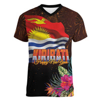 Kiribati Flag and Fireworks Women V-Neck T-Shirt First Place Welcome the New Year LT03 Female Black - Polynesian Pride