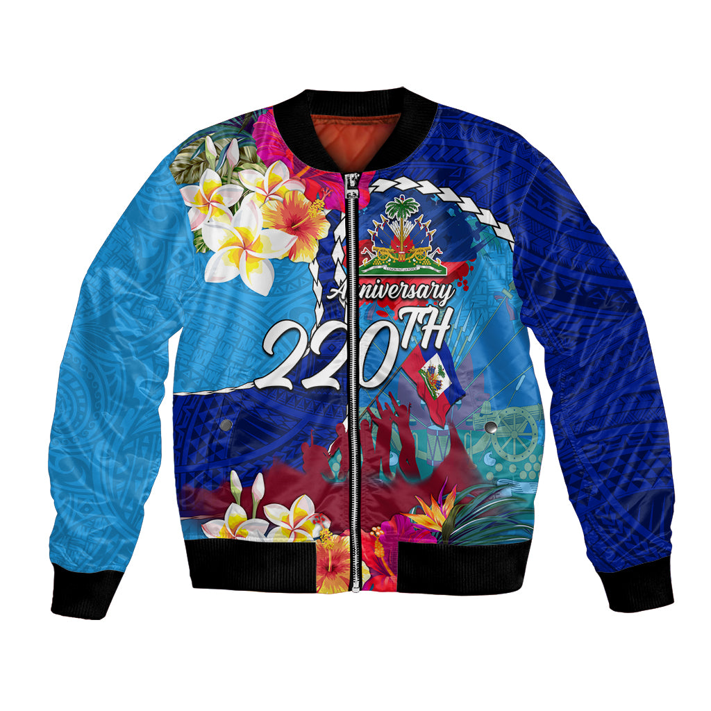 Personalised Haiti 220th Anniversary Independence Day Bomber Jacket Ayiti Flower with Polynesian Pattern LT03 Unisex Blue - Polynesian Pride