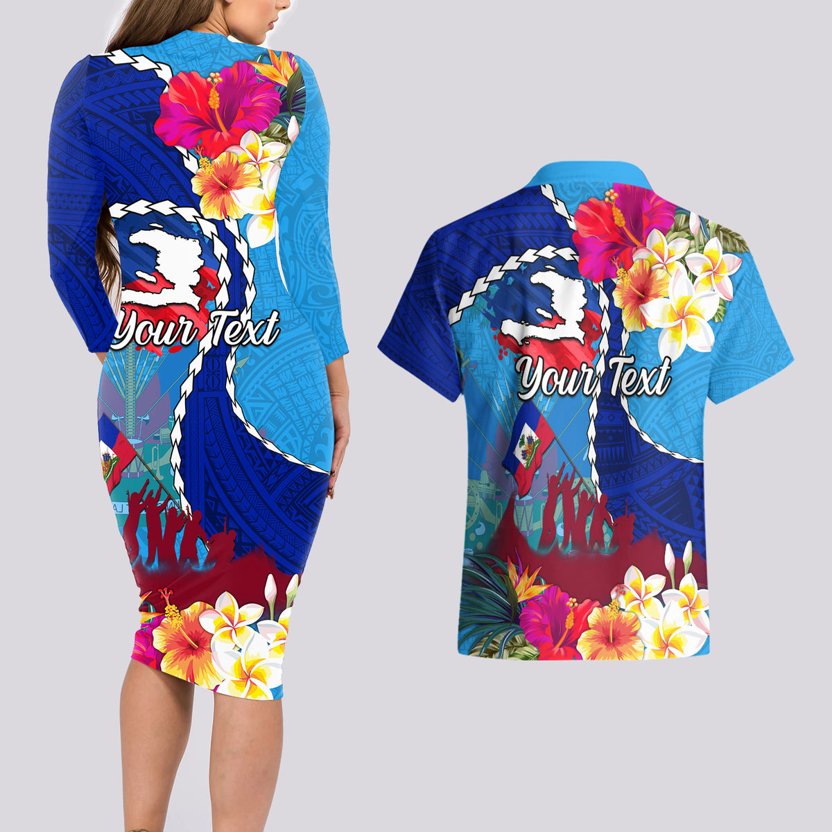 Personalised Haiti 220th Anniversary Independence Day Couples Matching Long Sleeve Bodycon Dress and Hawaiian Shirt Ayiti Flower with Polynesian Pattern LT03 - Polynesian Pride