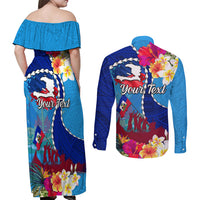 Personalised Haiti 220th Anniversary Independence Day Couples Matching Off Shoulder Maxi Dress and Long Sleeve Button Shirt Ayiti Flower with Polynesian Pattern LT03 - Polynesian Pride