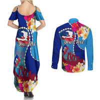 Personalised Haiti 220th Anniversary Independence Day Couples Matching Summer Maxi Dress and Long Sleeve Button Shirt Ayiti Flower with Polynesian Pattern LT03 - Polynesian Pride