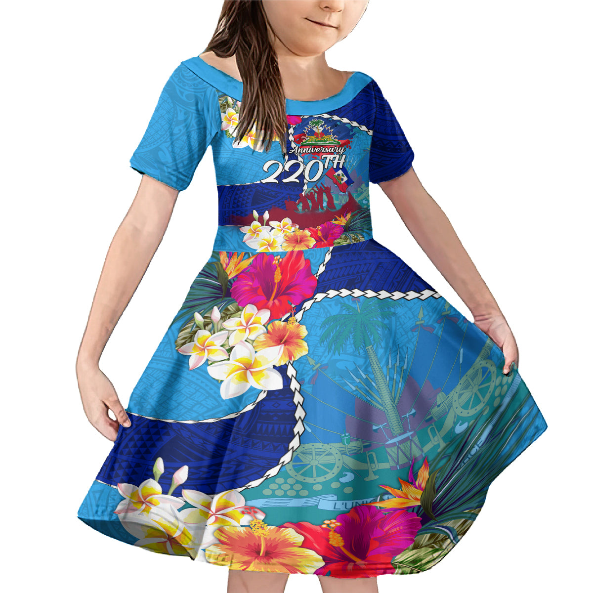Personalised Haiti 220th Anniversary Independence Day Family Matching Mermaid Dress and Hawaiian Shirt Ayiti Flower with Polynesian Pattern LT03 Daughter's Dress Blue - Polynesian Pride