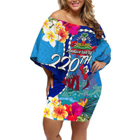 Personalised Haiti 220th Anniversary Independence Day Family Matching Off Shoulder Short Dress and Hawaiian Shirt Ayiti Flower with Polynesian Pattern LT03 Mom's Dress Blue - Polynesian Pride