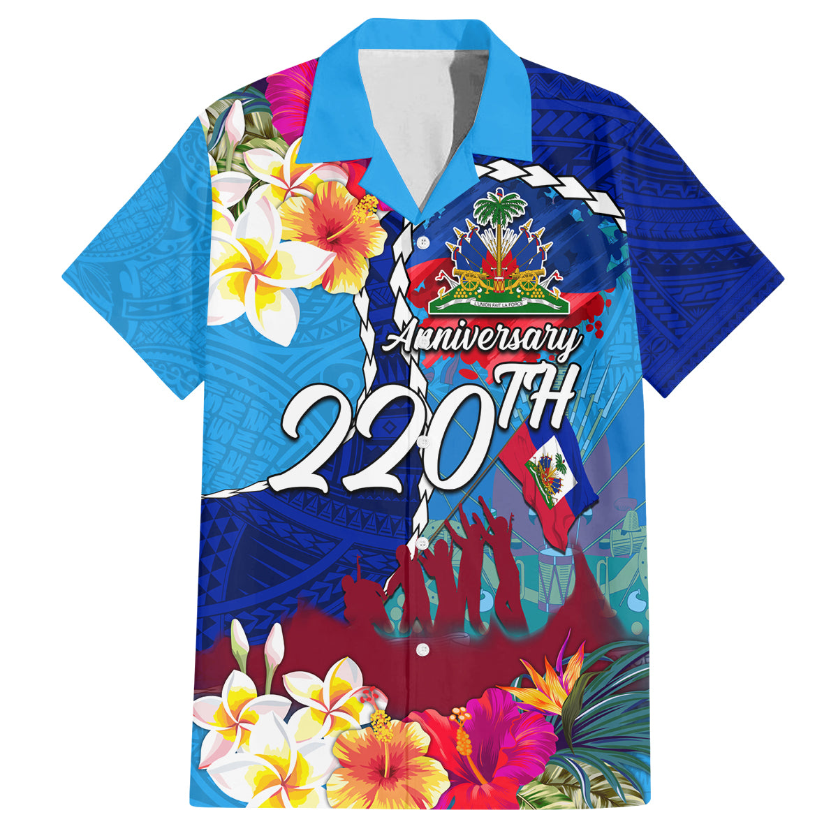 Personalised Haiti 220th Anniversary Independence Day Family Matching Summer Maxi Dress and Hawaiian Shirt Ayiti Flower with Polynesian Pattern LT03 Dad's Shirt - Short Sleeve Blue - Polynesian Pride
