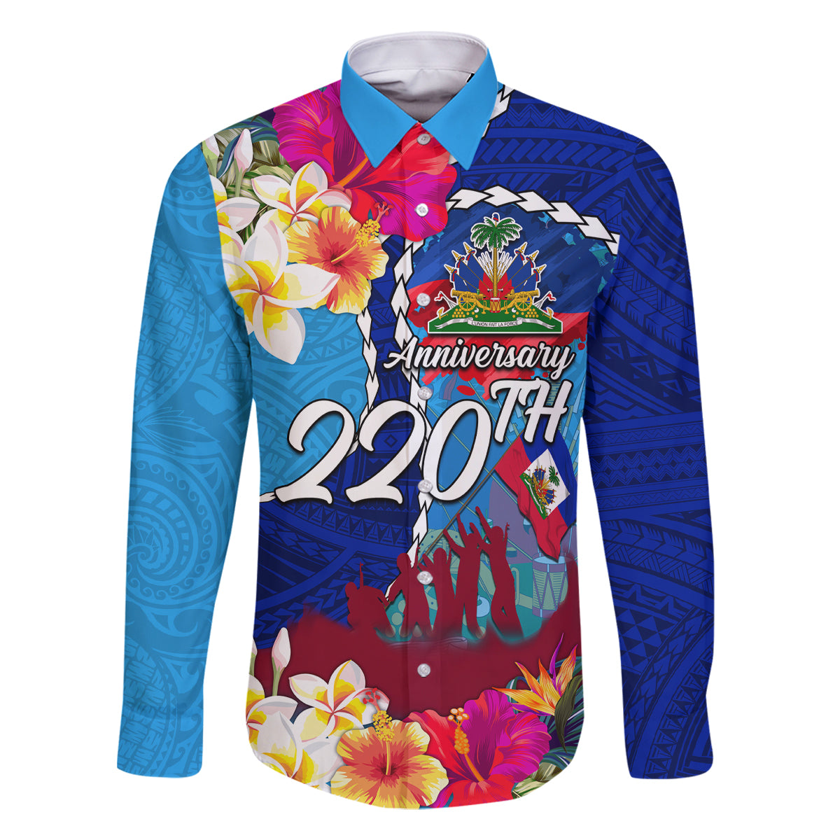 Personalised Haiti 220th Anniversary Independence Day Family Matching Tank Maxi Dress and Hawaiian Shirt Ayiti Flower with Polynesian Pattern LT03 Dad's Shirt - Long Sleeve Blue - Polynesian Pride
