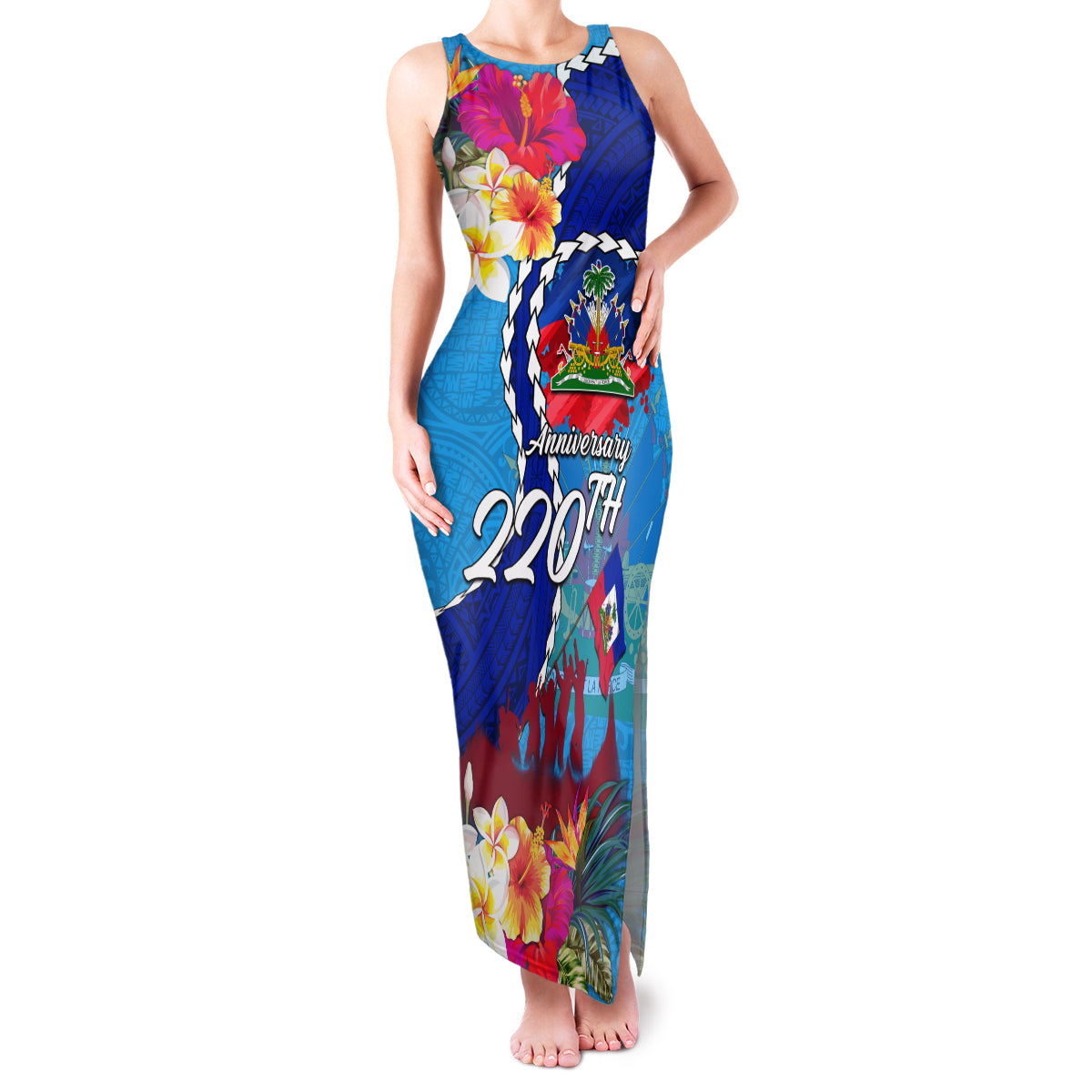 Personalised Haiti 220th Anniversary Independence Day Family Matching Tank Maxi Dress and Hawaiian Shirt Ayiti Flower with Polynesian Pattern LT03 Mom's Dress Blue - Polynesian Pride
