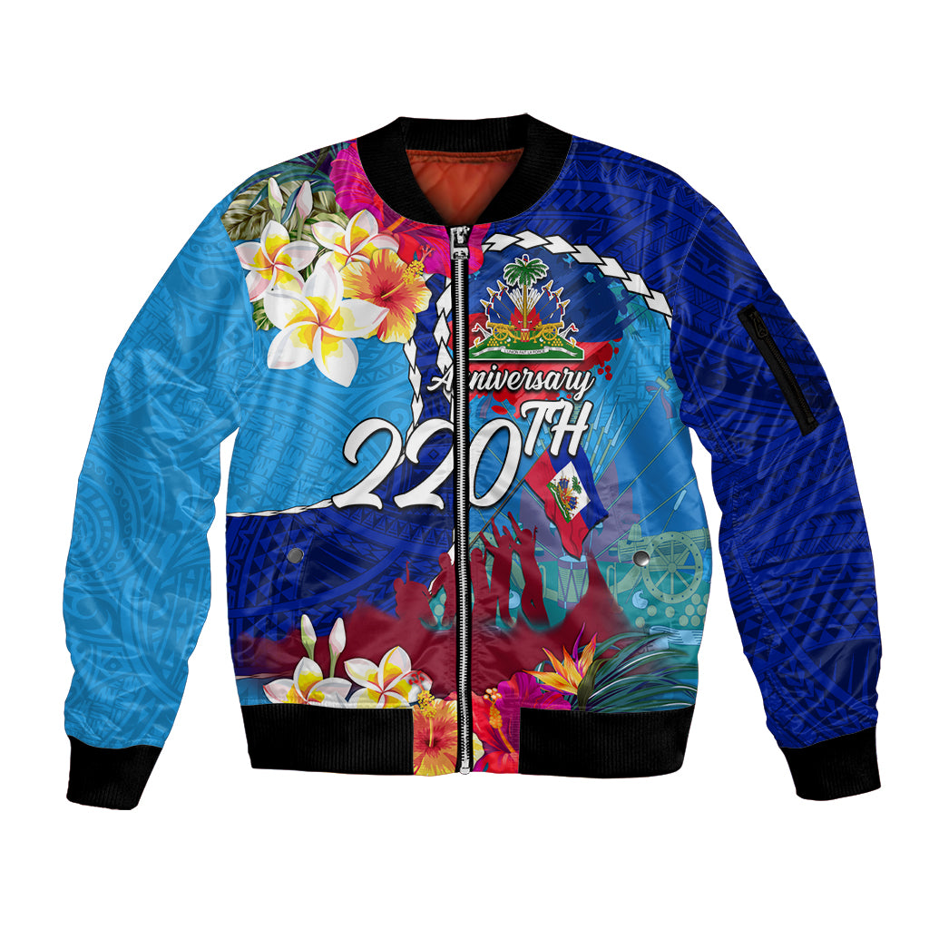 Personalised Haiti 220th Anniversary Independence Day Sleeve Zip Bomber Jacket Ayiti Flower with Polynesian Pattern LT03 Unisex Blue - Polynesian Pride