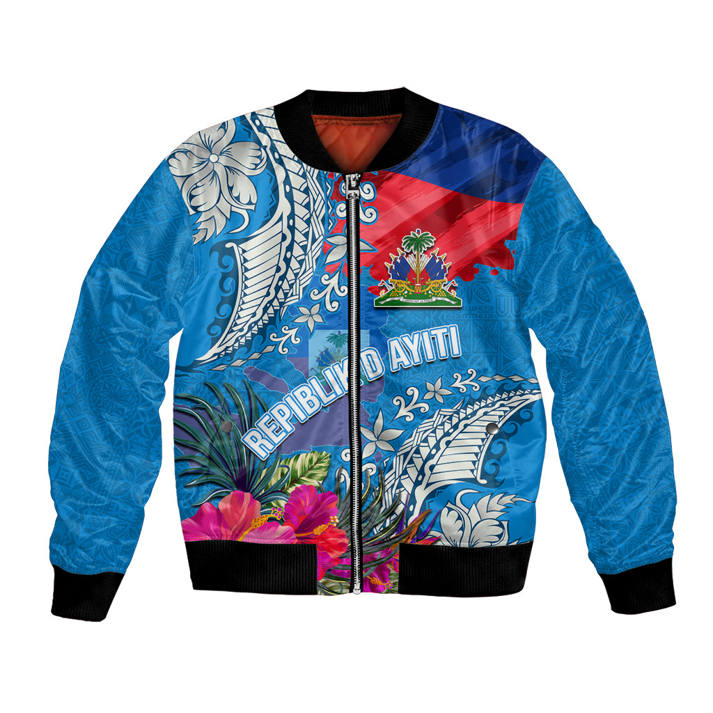 Personalised Haiti Coat Of Arms Bomber Jacket Repiblik d Ayiti Tropical Flower Blue Polynesian Pattern LT03 Unisex Blue - Polynesian Pride