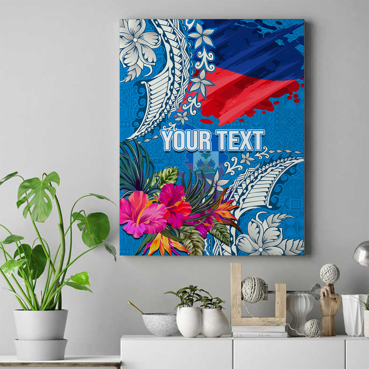 Personalised Haiti Coat Of Arms Canvas Wall Art Repiblik d Ayiti Tropical Flower Blue Polynesian Pattern LT03 Blue - Polynesian Pride