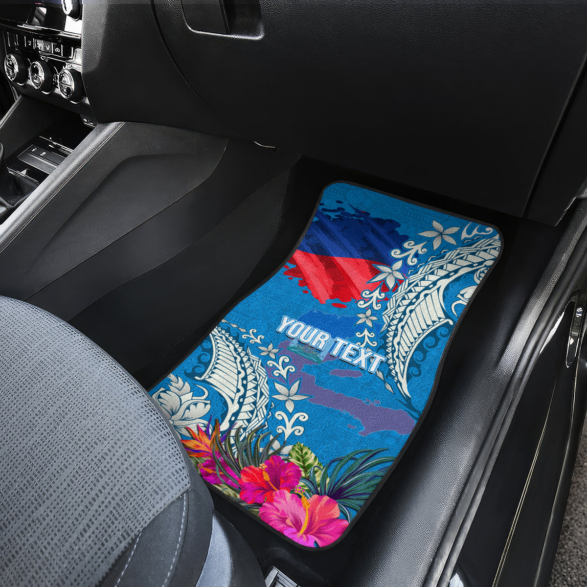Personalised Haiti Coat Of Arms Car Mats Repiblik d Ayiti Tropical Flower Blue Polynesian Pattern LT03 - Polynesian Pride