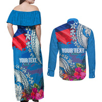 Personalised Haiti Coat Of Arms Couples Matching Off Shoulder Maxi Dress and Long Sleeve Button Shirt Repiblik d Ayiti Tropical Flower Blue Polynesian Pattern LT03 - Polynesian Pride