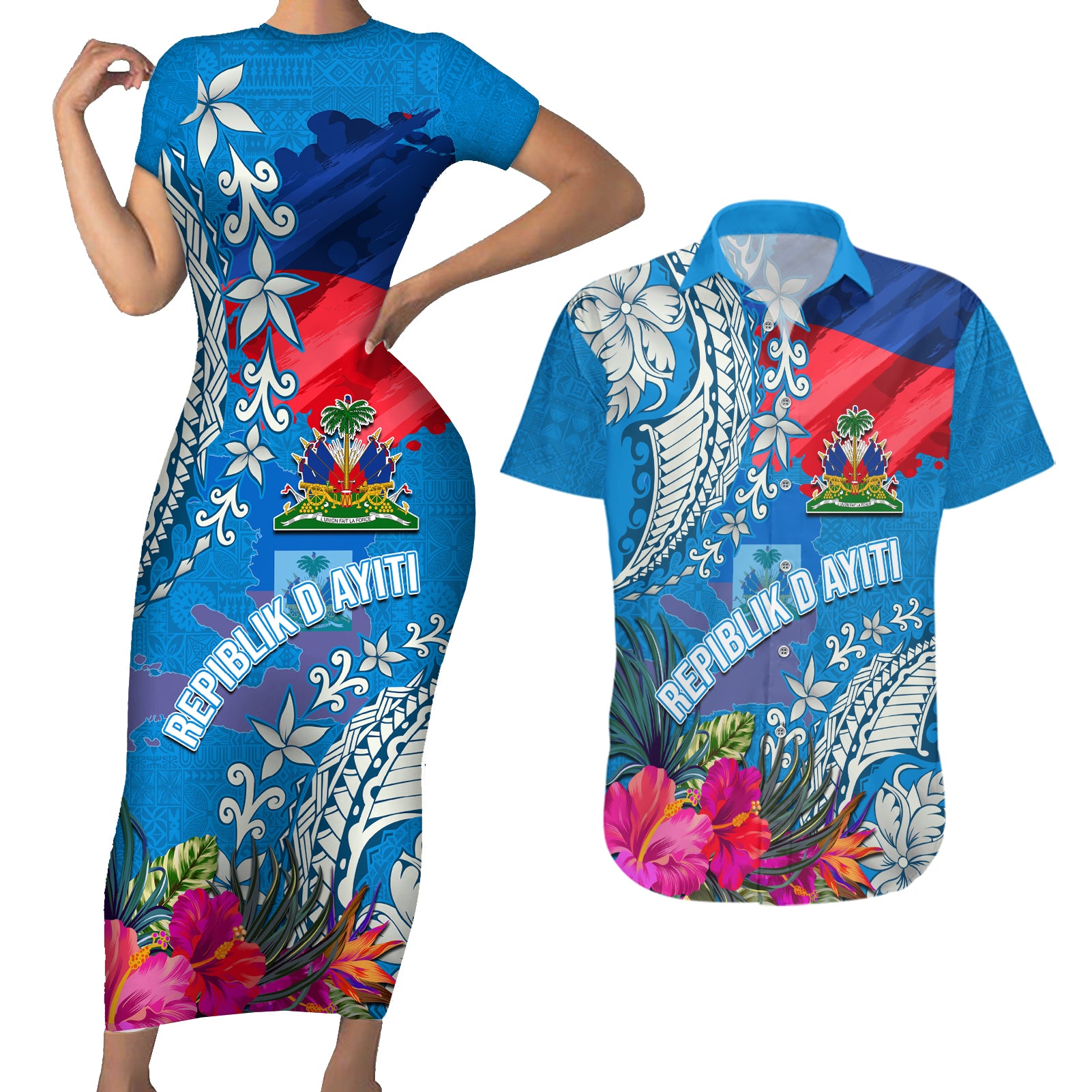 Personalised Haiti Coat Of Arms Couples Matching Short Sleeve Bodycon Dress and Hawaiian Shirt Repiblik d Ayiti Tropical Flower Blue Polynesian Pattern LT03 Blue - Polynesian Pride