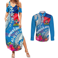 Personalised Haiti Coat Of Arms Couples Matching Summer Maxi Dress and Long Sleeve Button Shirt Repiblik d Ayiti Tropical Flower Blue Polynesian Pattern LT03 Blue - Polynesian Pride