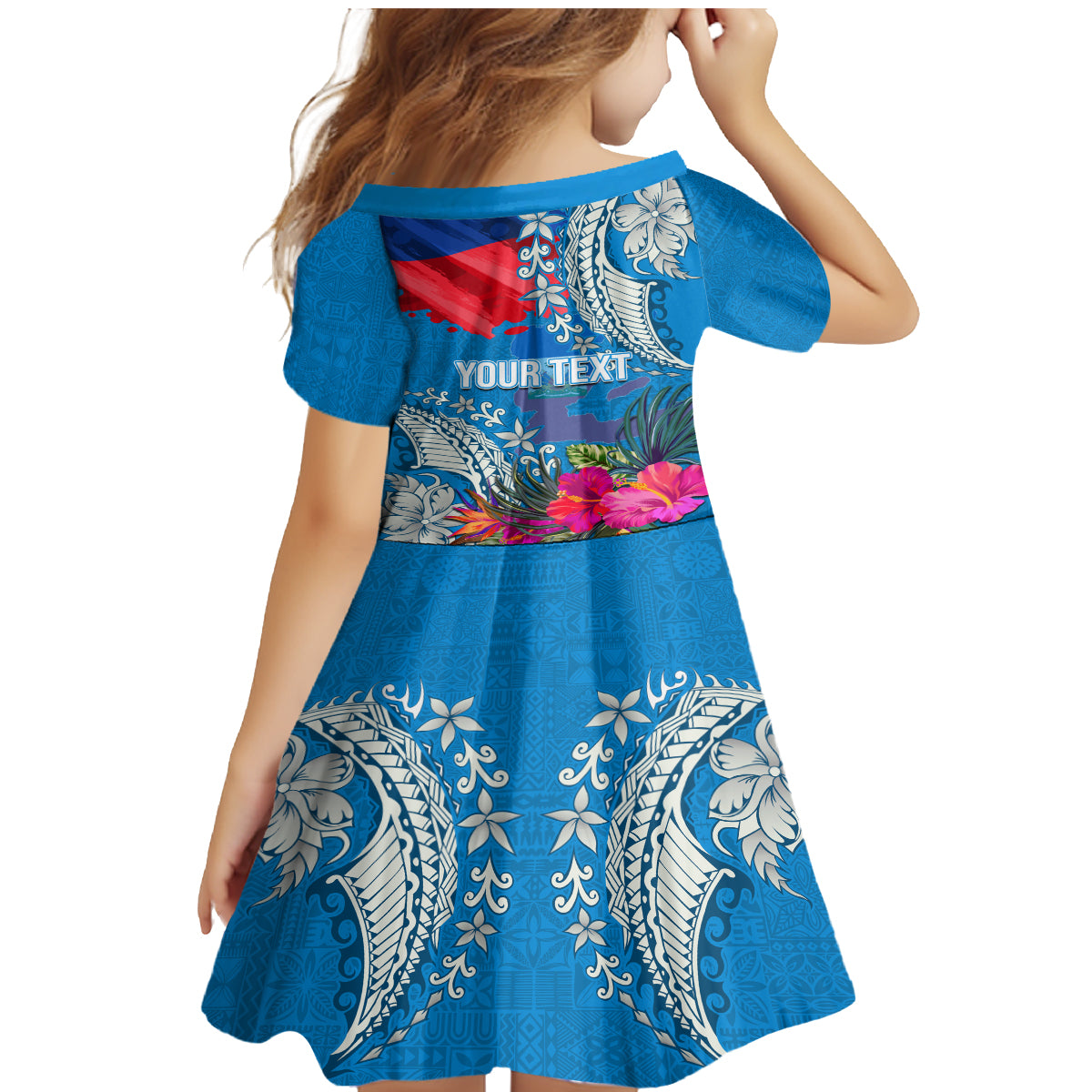 Personalised Haiti Coat Of Arms Family Matching Mermaid Dress and Hawaiian Shirt Repiblik d Ayiti Tropical Flower Blue Polynesian Pattern LT03 - Polynesian Pride