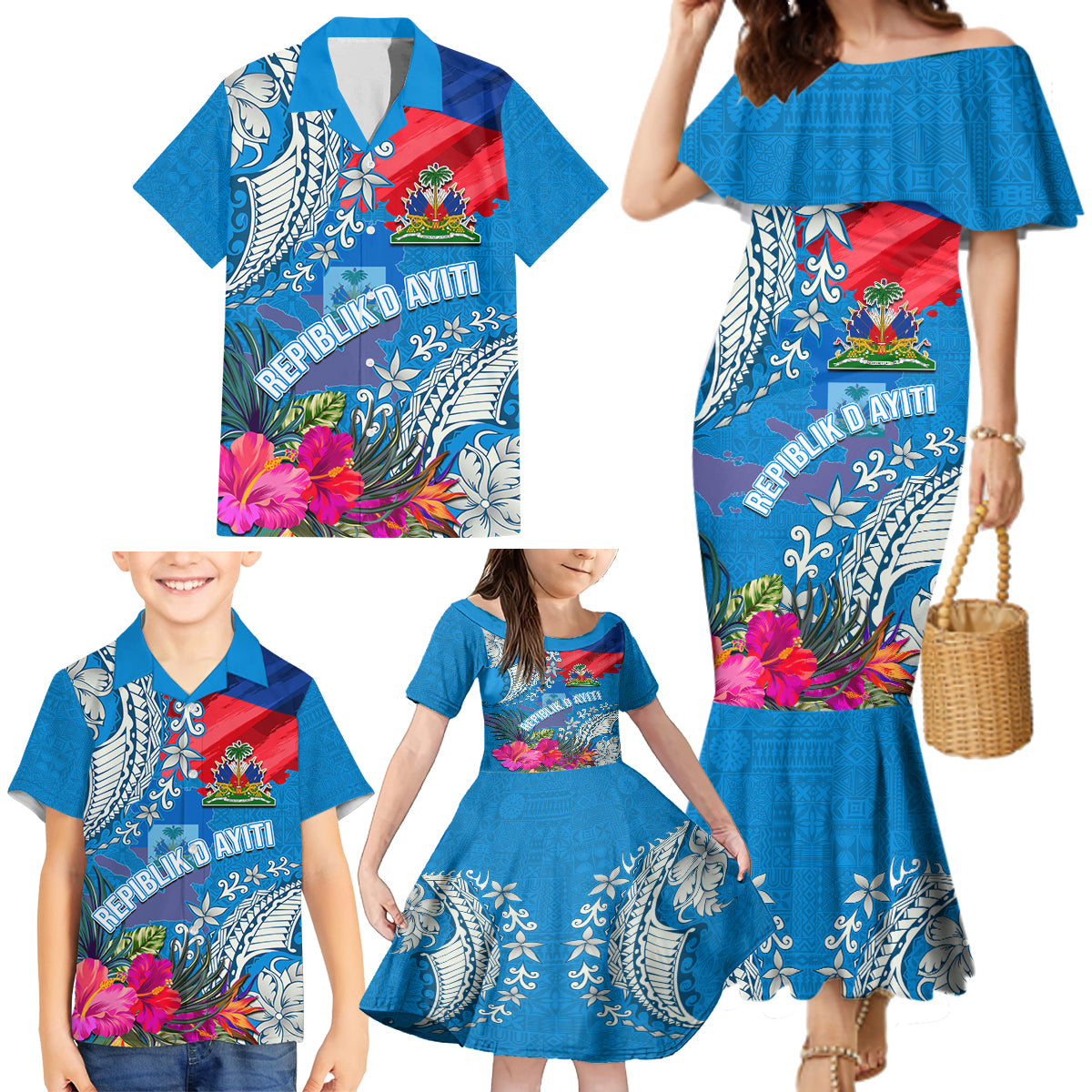 Personalised Haiti Coat Of Arms Family Matching Mermaid Dress and Hawaiian Shirt Repiblik d Ayiti Tropical Flower Blue Polynesian Pattern LT03 - Polynesian Pride