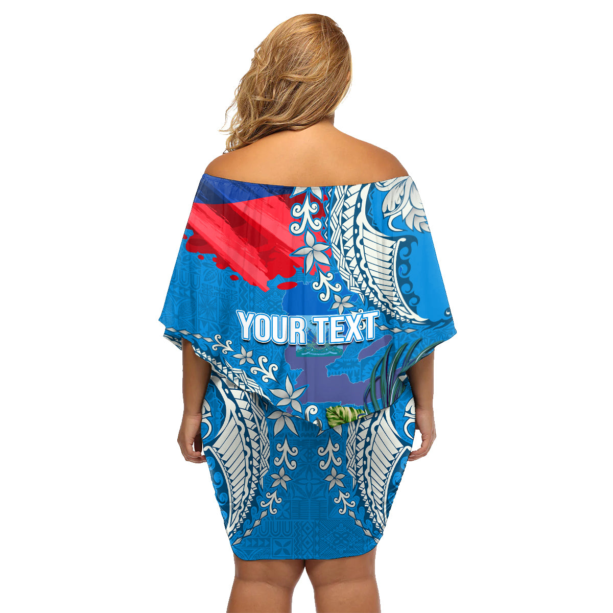 Personalised Haiti Coat Of Arms Family Matching Off Shoulder Short Dress and Hawaiian Shirt Repiblik d Ayiti Tropical Flower Blue Polynesian Pattern LT03 - Polynesian Pride