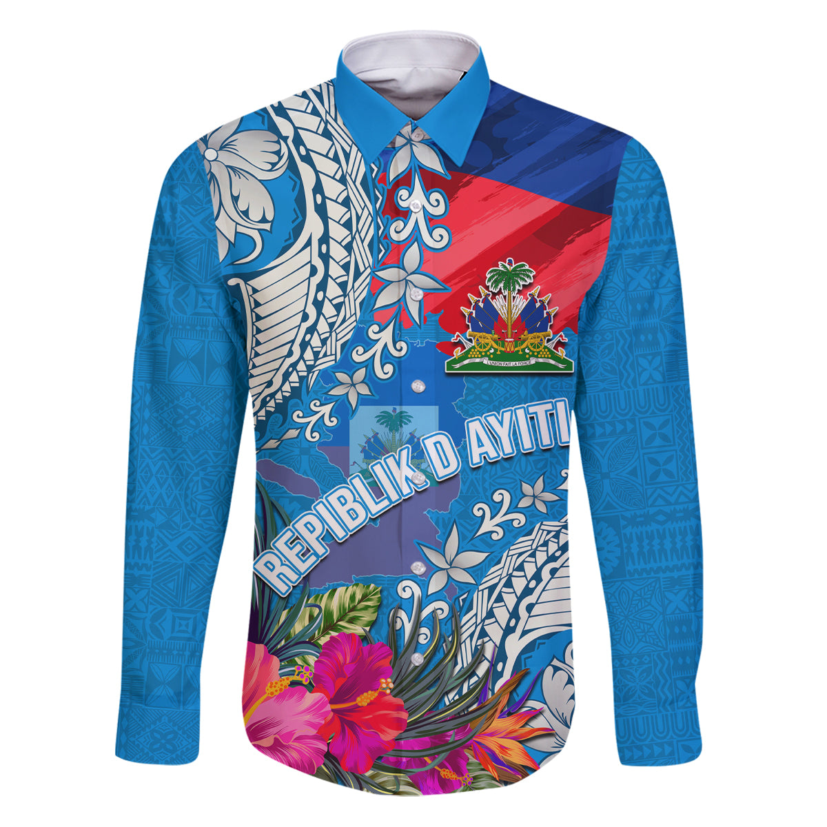 Personalised Haiti Coat Of Arms Family Matching Puletasi Dress and Hawaiian Shirt Repiblik d Ayiti Tropical Flower Blue Polynesian Pattern LT03 Dad's Shirt - Long Sleeve Blue - Polynesian Pride