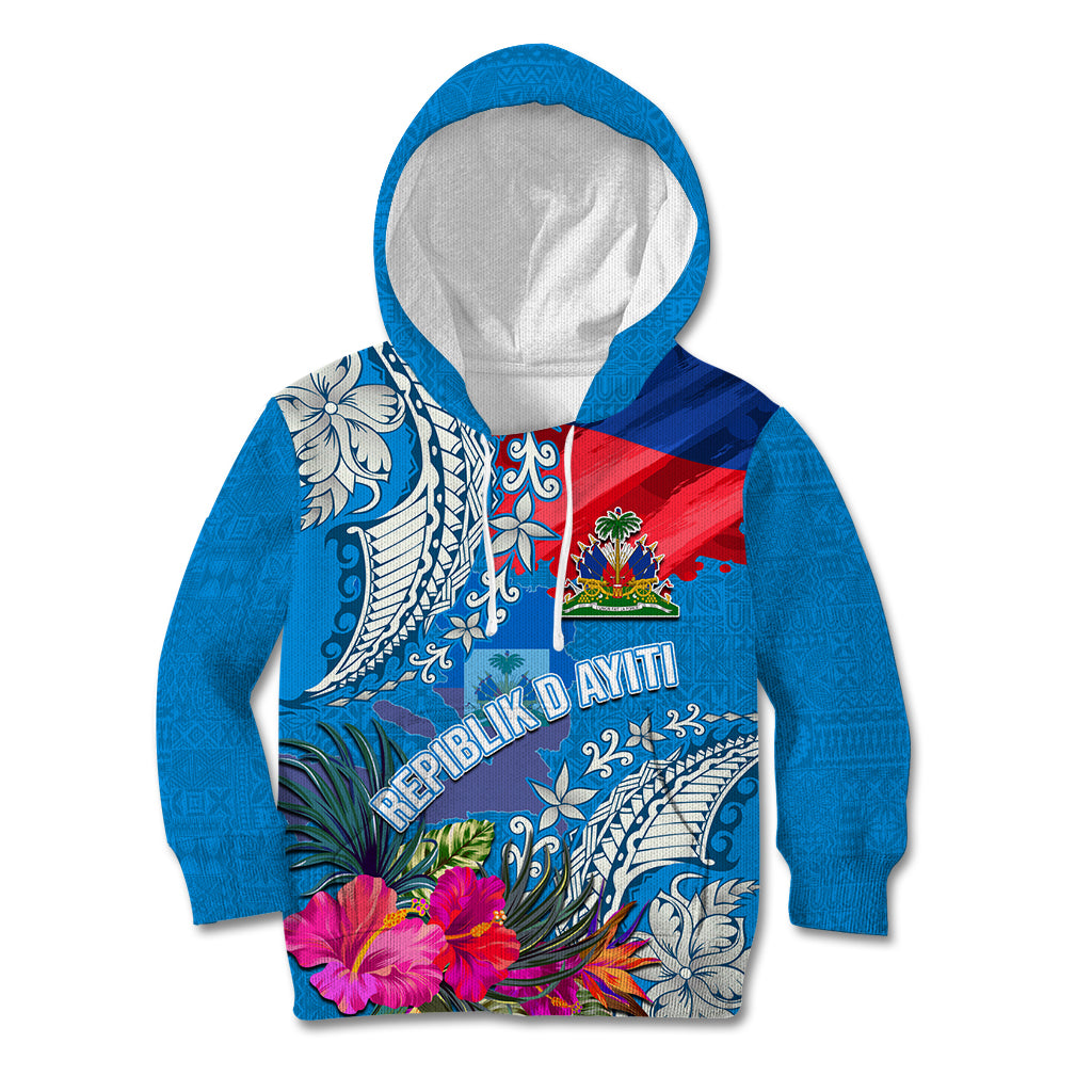 Personalised Haiti Coat Of Arms Kid Hoodie Repiblik d Ayiti Tropical Flower Blue Polynesian Pattern LT03 Hoodie Blue - Polynesian Pride