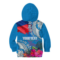 Personalised Haiti Coat Of Arms Kid Hoodie Repiblik d Ayiti Tropical Flower Blue Polynesian Pattern LT03 - Polynesian Pride