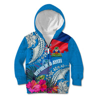 Personalised Haiti Coat Of Arms Kid Hoodie Repiblik d Ayiti Tropical Flower Blue Polynesian Pattern LT03 Zip Hoodie Blue - Polynesian Pride