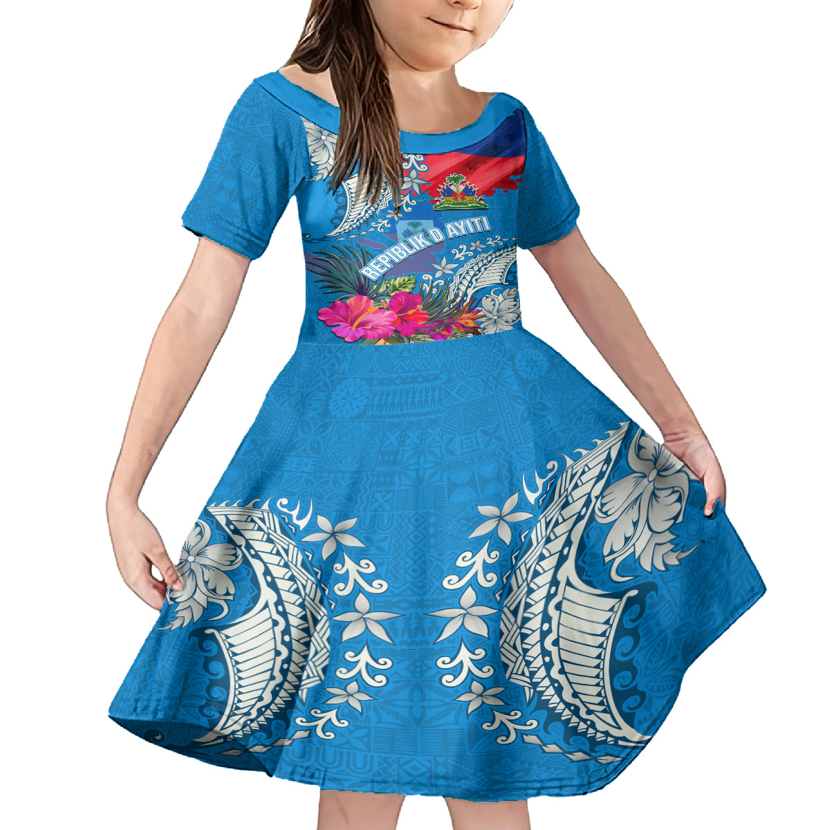 Personalised Haiti Coat Of Arms Kid Short Sleeve Dress Repiblik d Ayiti Tropical Flower Blue Polynesian Pattern LT03 KID Blue - Polynesian Pride