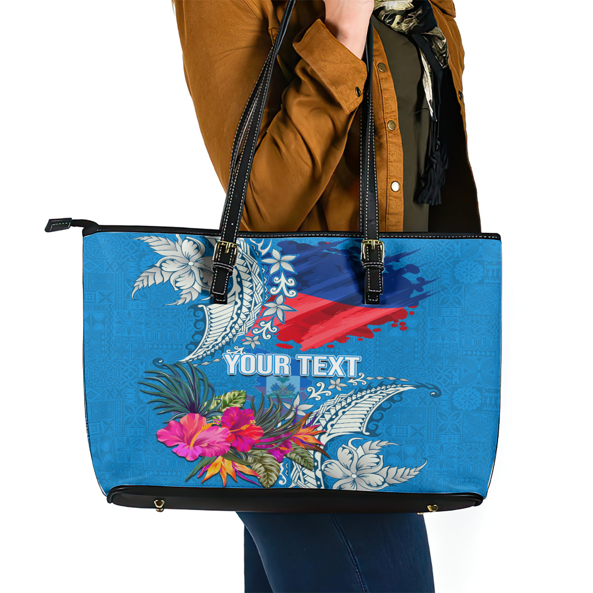 Personalised Haiti Coat Of Arms Leather Tote Bag Repiblik d Ayiti Tropical Flower Blue Polynesian Pattern LT03 - Polynesian Pride