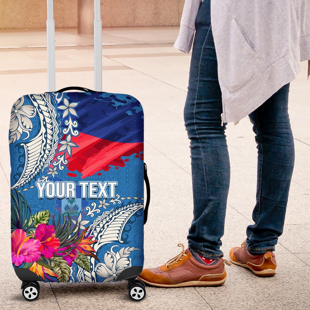 Personalised Haiti Coat Of Arms Luggage Cover Repiblik d Ayiti Tropical Flower Blue Polynesian Pattern LT03 Blue - Polynesian Pride