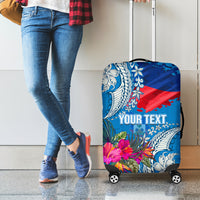 Personalised Haiti Coat Of Arms Luggage Cover Repiblik d Ayiti Tropical Flower Blue Polynesian Pattern LT03 - Polynesian Pride