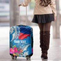Personalised Haiti Coat Of Arms Luggage Cover Repiblik d Ayiti Tropical Flower Blue Polynesian Pattern LT03 - Polynesian Pride