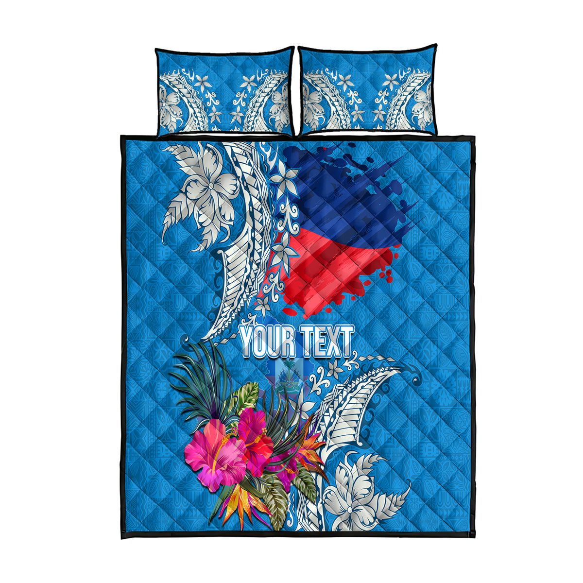 Personalised Haiti Coat Of Arms Quilt Bed Set Repiblik d Ayiti Tropical Flower Blue Polynesian Pattern LT03 Blue - Polynesian Pride