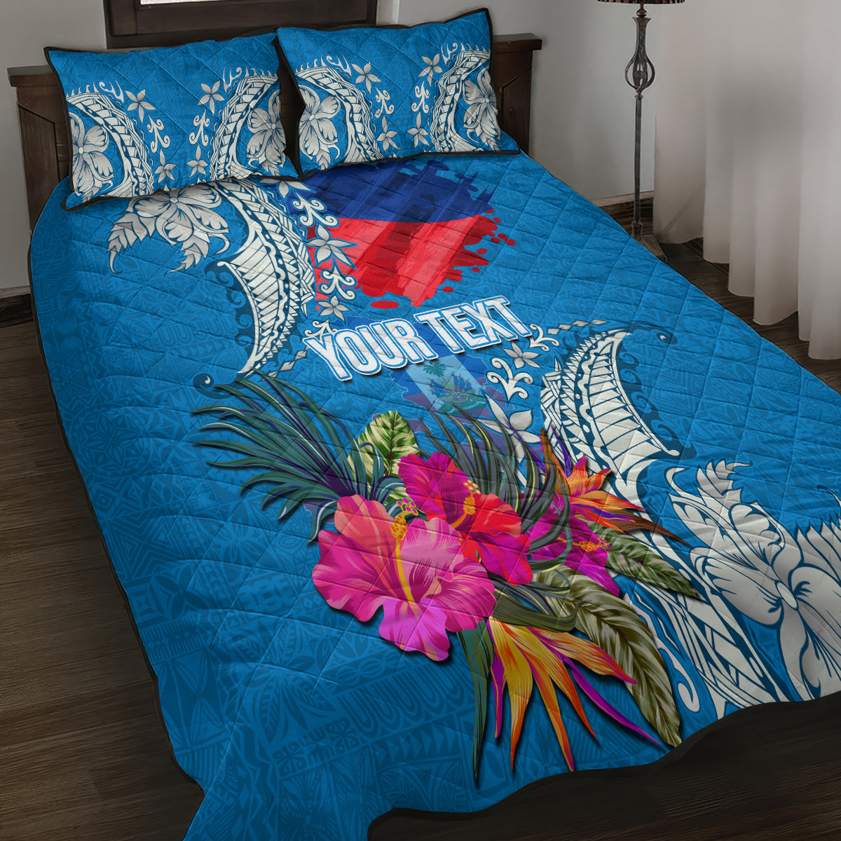 Personalised Haiti Coat Of Arms Quilt Bed Set Repiblik d Ayiti Tropical Flower Blue Polynesian Pattern LT03 - Polynesian Pride