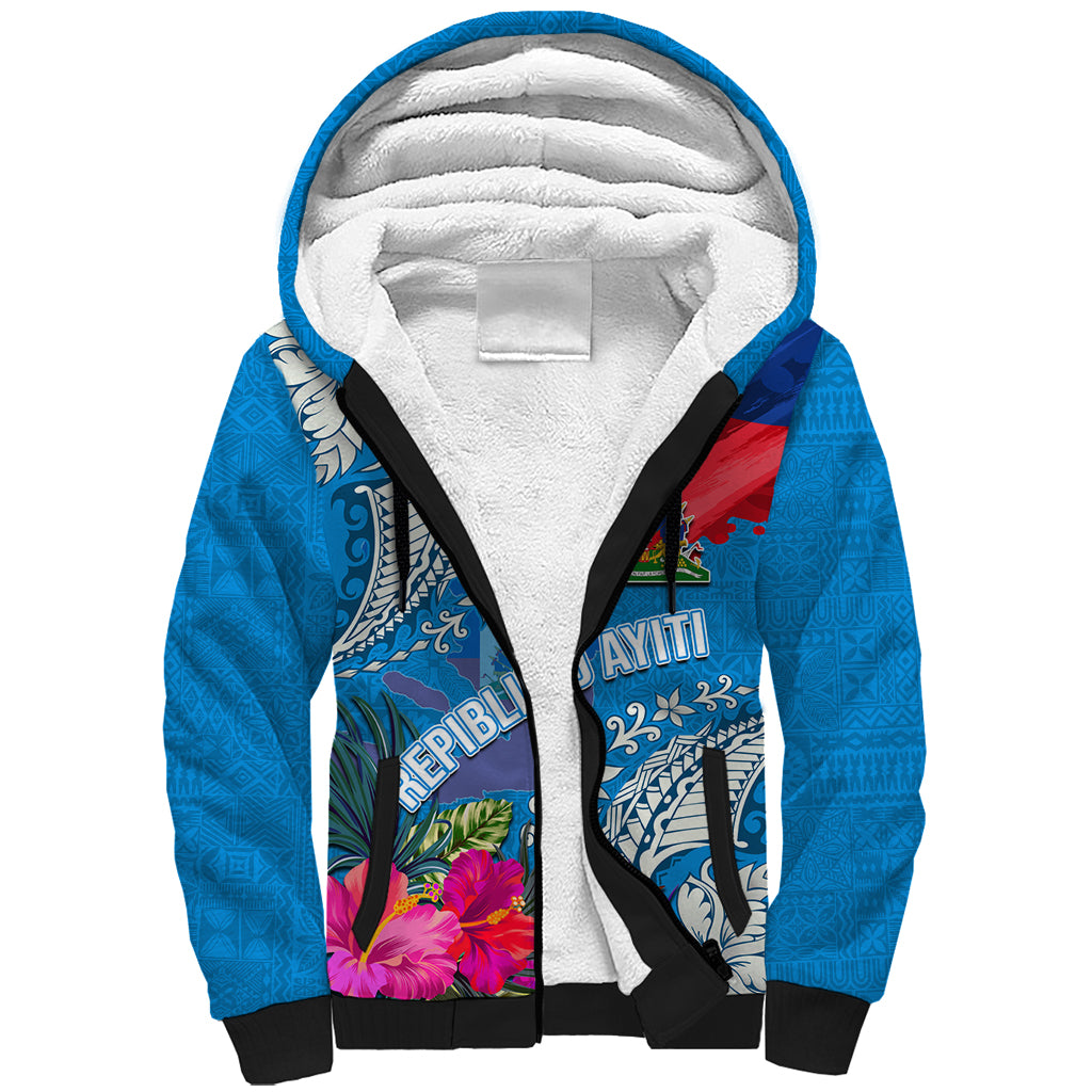 Personalised Haiti Coat Of Arms Sherpa Hoodie Repiblik d Ayiti Tropical Flower Blue Polynesian Pattern LT03 Unisex Blue - Polynesian Pride