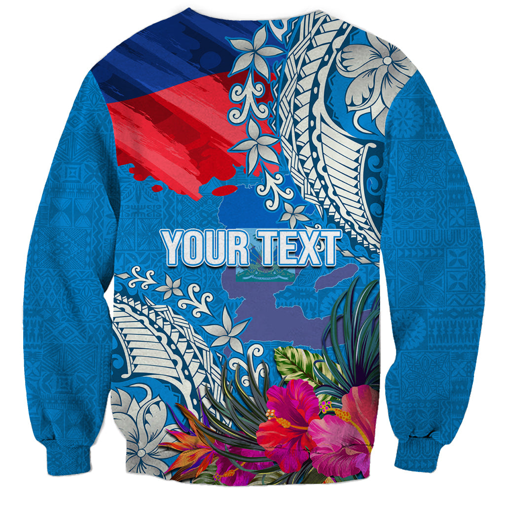 Personalised Haiti Coat Of Arms Sweatshirt Repiblik d Ayiti Tropical Flower Blue Polynesian Pattern LT03 - Polynesian Pride