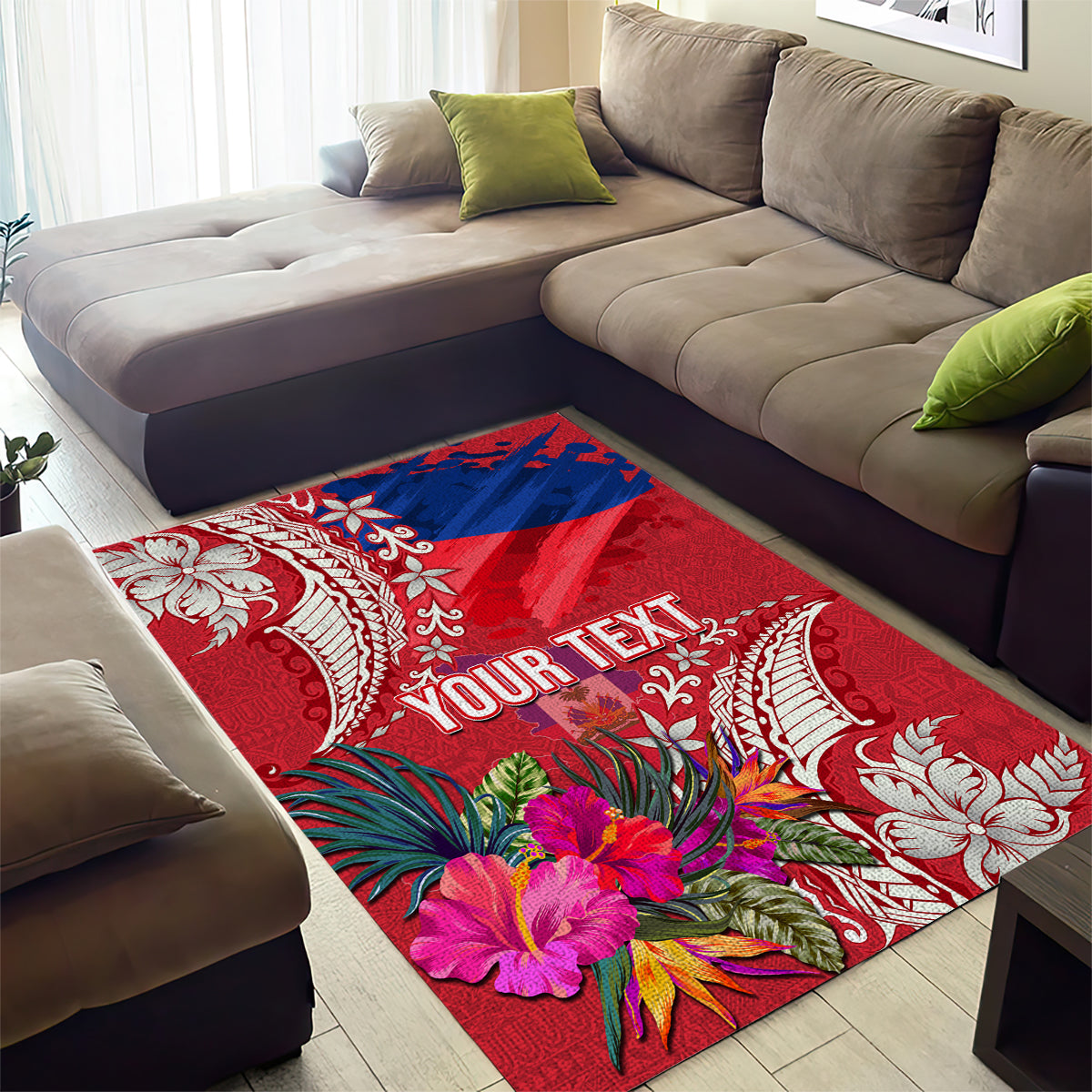 Personalised Haiti Coat Of Arms Area Rug Repiblik d Ayiti Tropical Flower Red Polynesian Pattern LT03 - Polynesian Pride