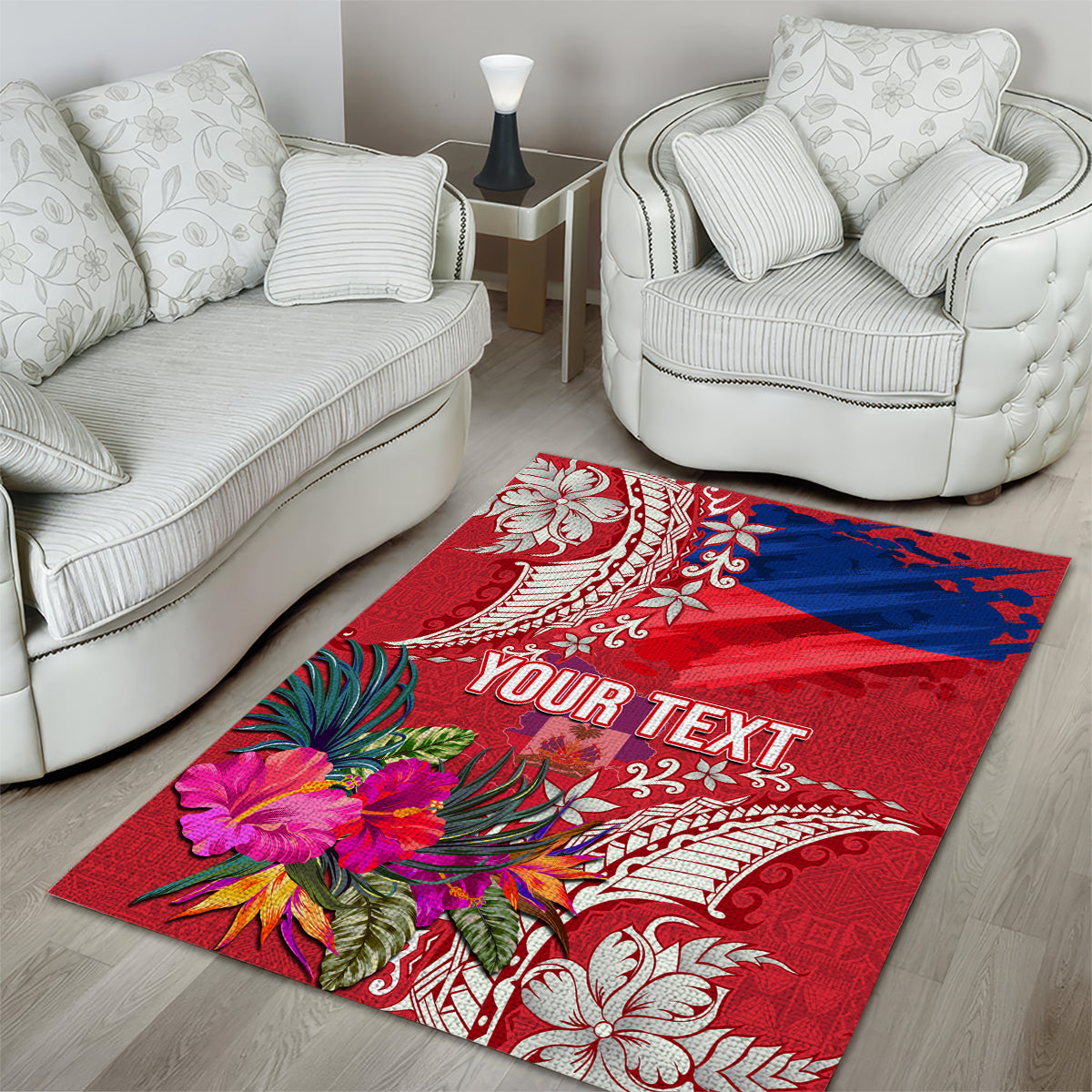 Personalised Haiti Coat Of Arms Area Rug Repiblik d Ayiti Tropical Flower Red Polynesian Pattern LT03 - Polynesian Pride