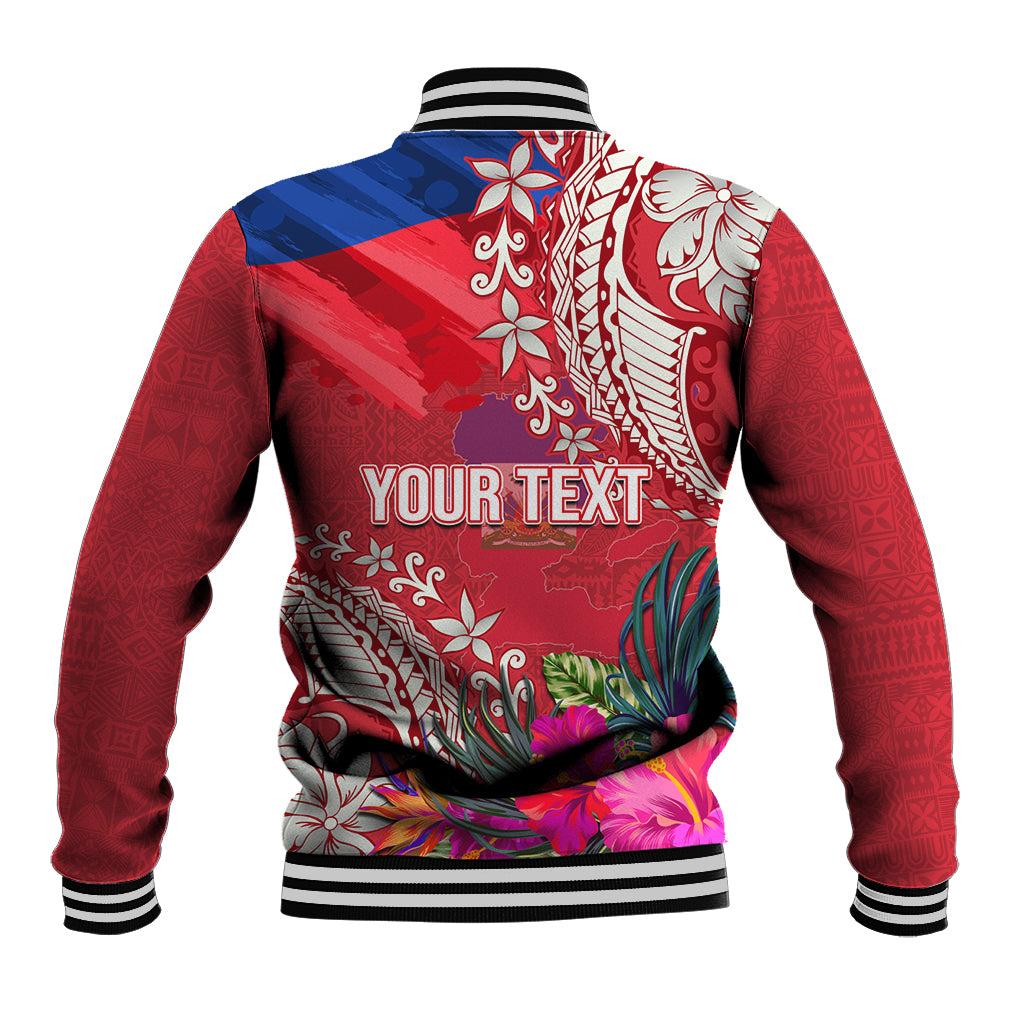 Personalised Haiti Coat Of Arms Baseball Jacket Repiblik d Ayiti Tropical Flower Red Polynesian Pattern LT03 - Polynesian Pride