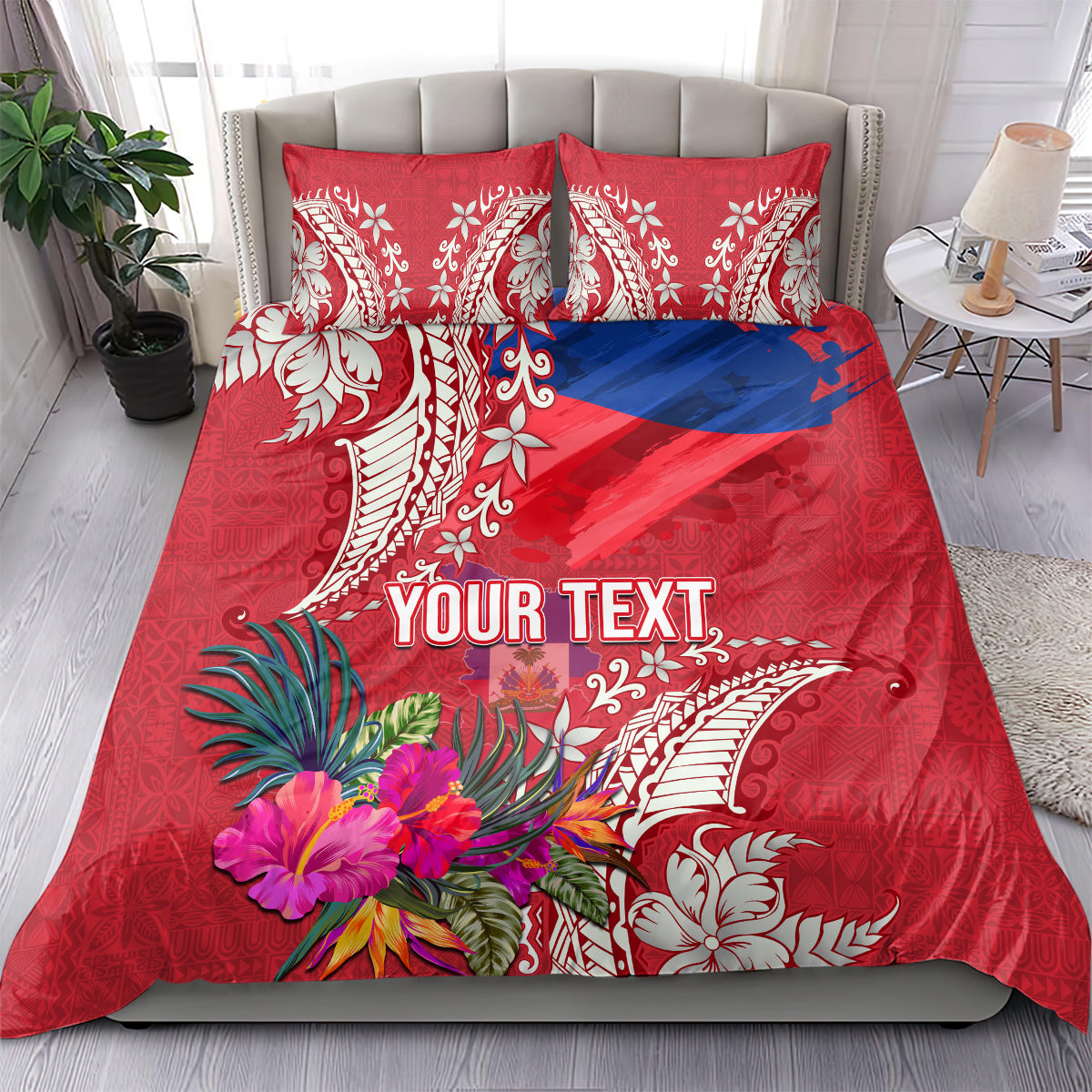 Personalised Haiti Coat Of Arms Bedding Set Repiblik d Ayiti Tropical Flower Red Polynesian Pattern LT03 - Polynesian Pride