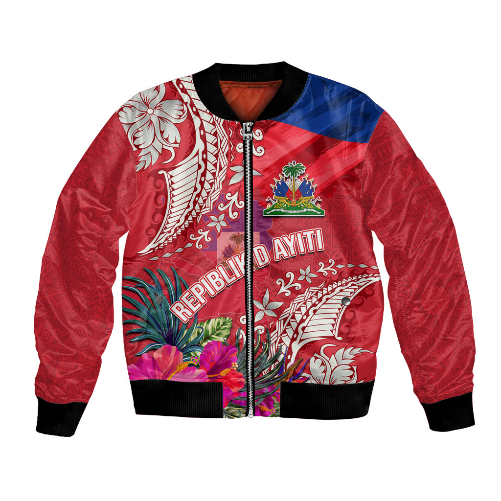 Personalised Haiti Coat Of Arms Bomber Jacket Repiblik d Ayiti Tropical Flower Red Polynesian Pattern LT03 Unisex Red - Polynesian Pride