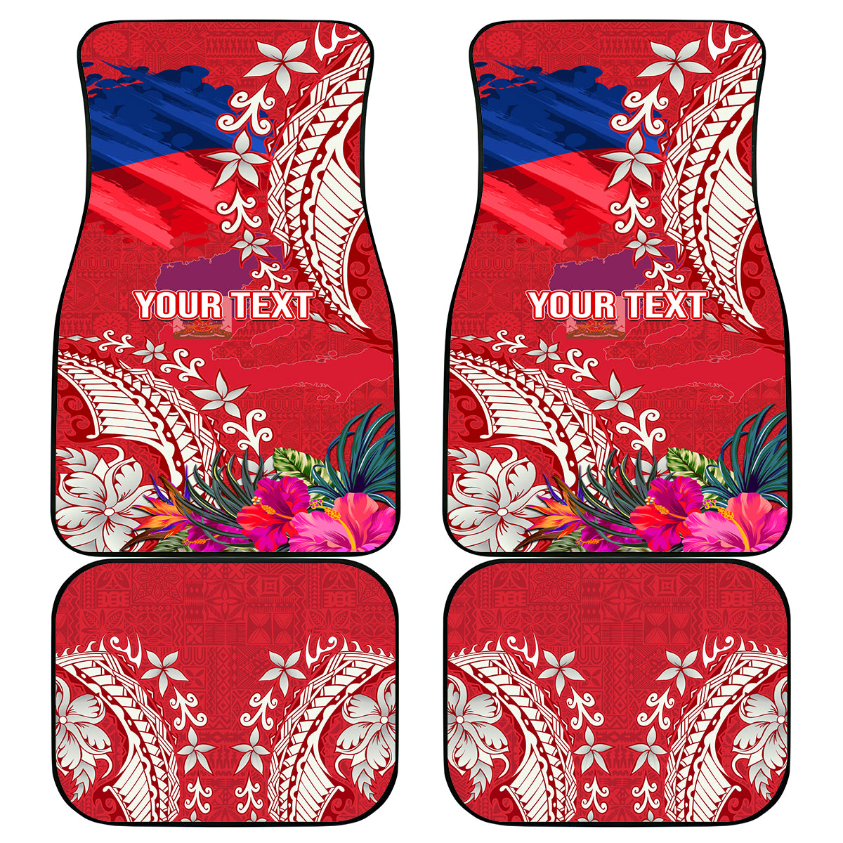 Personalised Haiti Coat Of Arms Car Mats Repiblik d Ayiti Tropical Flower Red Polynesian Pattern LT03 Red - Polynesian Pride