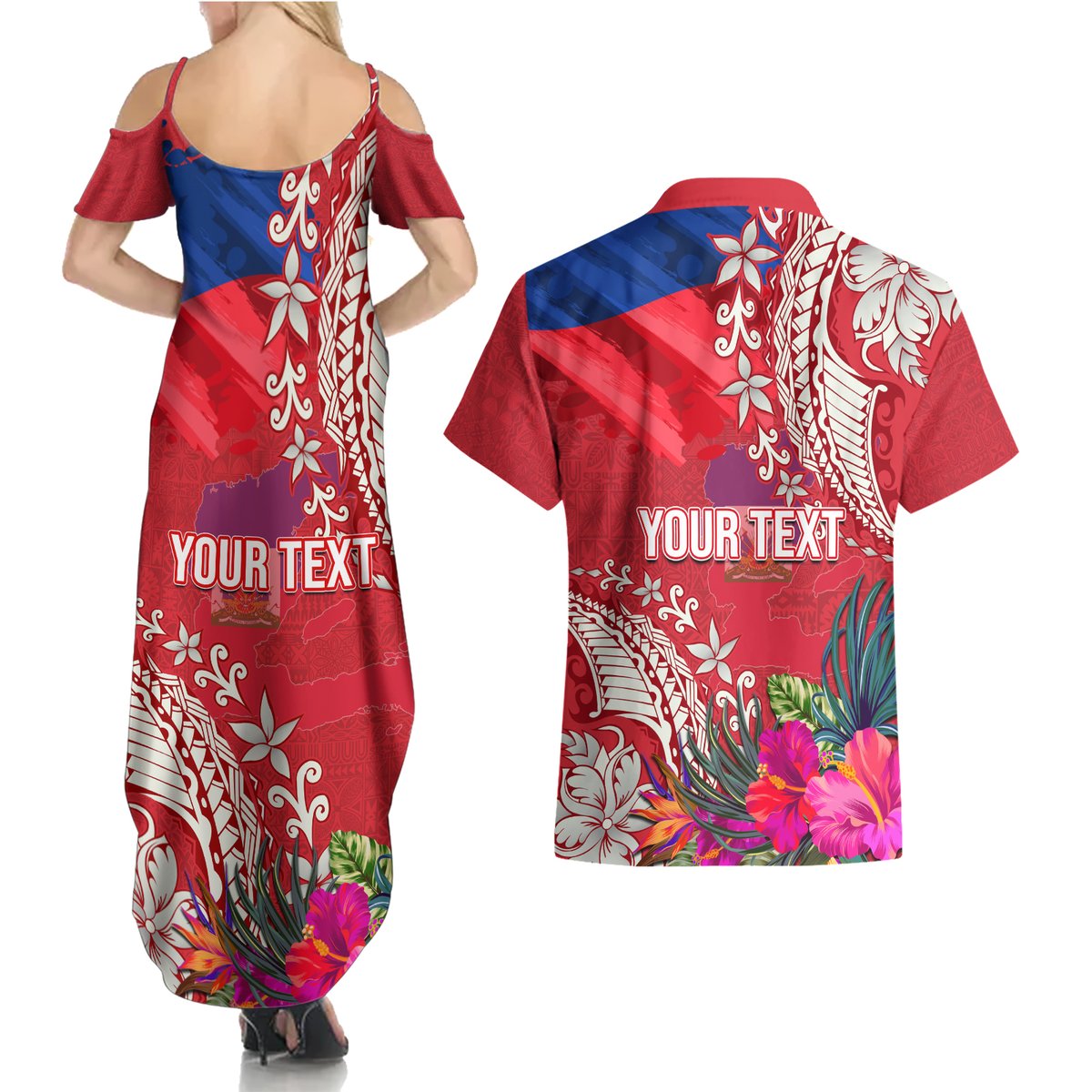 Personalised Haiti Coat Of Arms Couples Matching Summer Maxi Dress and Hawaiian Shirt Repiblik d Ayiti Tropical Flower Red Polynesian Pattern LT03 - Polynesian Pride
