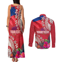 Personalised Haiti Coat Of Arms Couples Matching Tank Maxi Dress and Long Sleeve Button Shirt Repiblik d Ayiti Tropical Flower Red Polynesian Pattern LT03 - Polynesian Pride