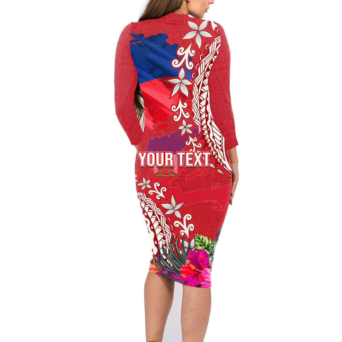 Personalised Haiti Coat Of Arms Family Matching Long Sleeve Bodycon Dress and Hawaiian Shirt Repiblik d Ayiti Tropical Flower Red Polynesian Pattern LT03 - Polynesian Pride