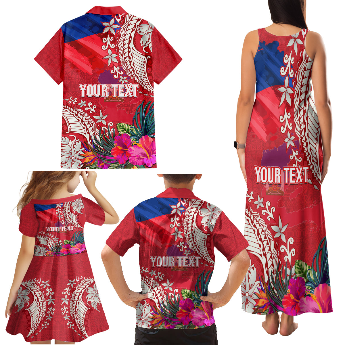 Personalised Haiti Coat Of Arms Family Matching Tank Maxi Dress and Hawaiian Shirt Repiblik d Ayiti Tropical Flower Red Polynesian Pattern LT03 - Polynesian Pride