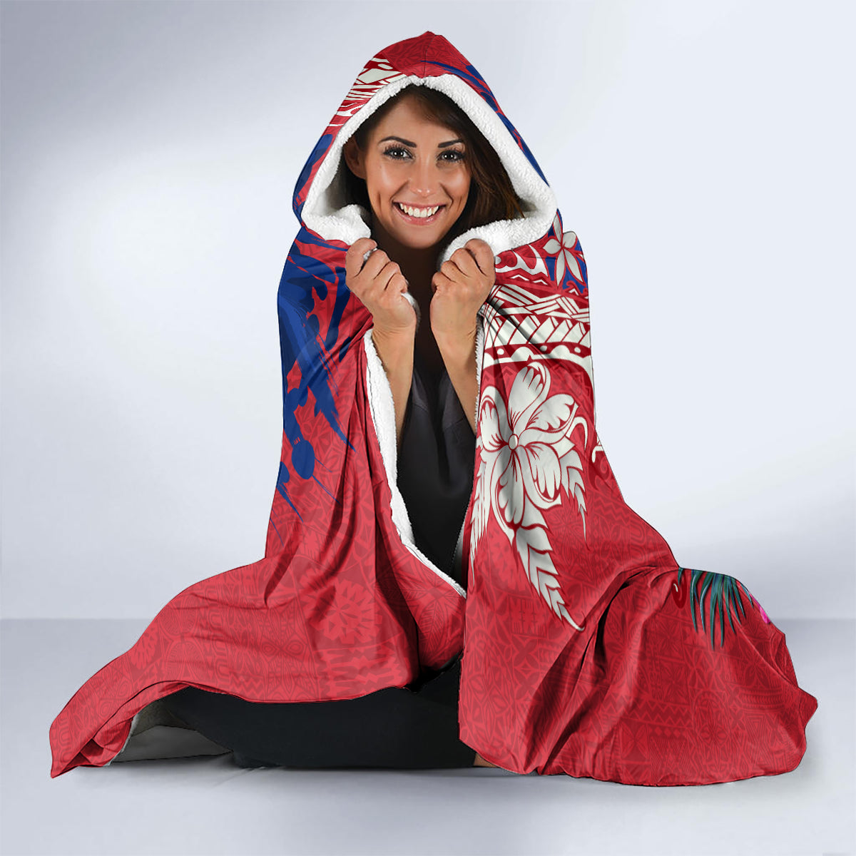 Personalised Haiti Coat Of Arms Hooded Blanket Repiblik d Ayiti Tropical Flower Red Polynesian Pattern LT03 - Polynesian Pride