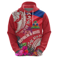 Personalised Haiti Coat Of Arms Hoodie Repiblik d Ayiti Tropical Flower Red Polynesian Pattern LT03 - Polynesian Pride
