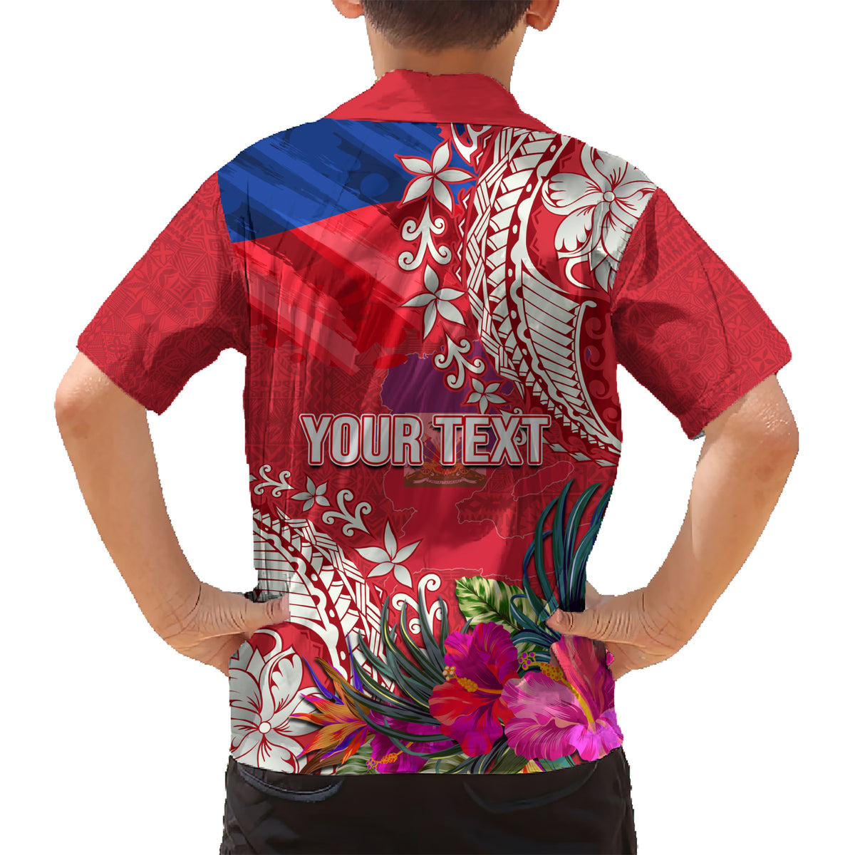 Personalised Haiti Coat Of Arms Kid Hawaiian Shirt Repiblik d Ayiti Tropical Flower Red Polynesian Pattern LT03 - Polynesian Pride